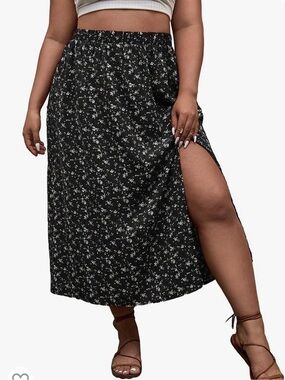 NEW black floral midi skirt plus size